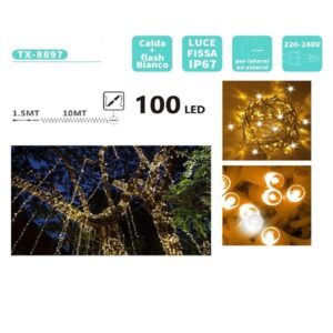 Stringa 100 Led 10mt Bianco Caldo Con Flash Freddo